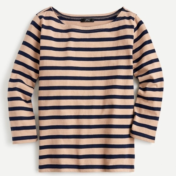 J crew structured boatneck tshirt khaki navy strip - Picture 2 of 7
